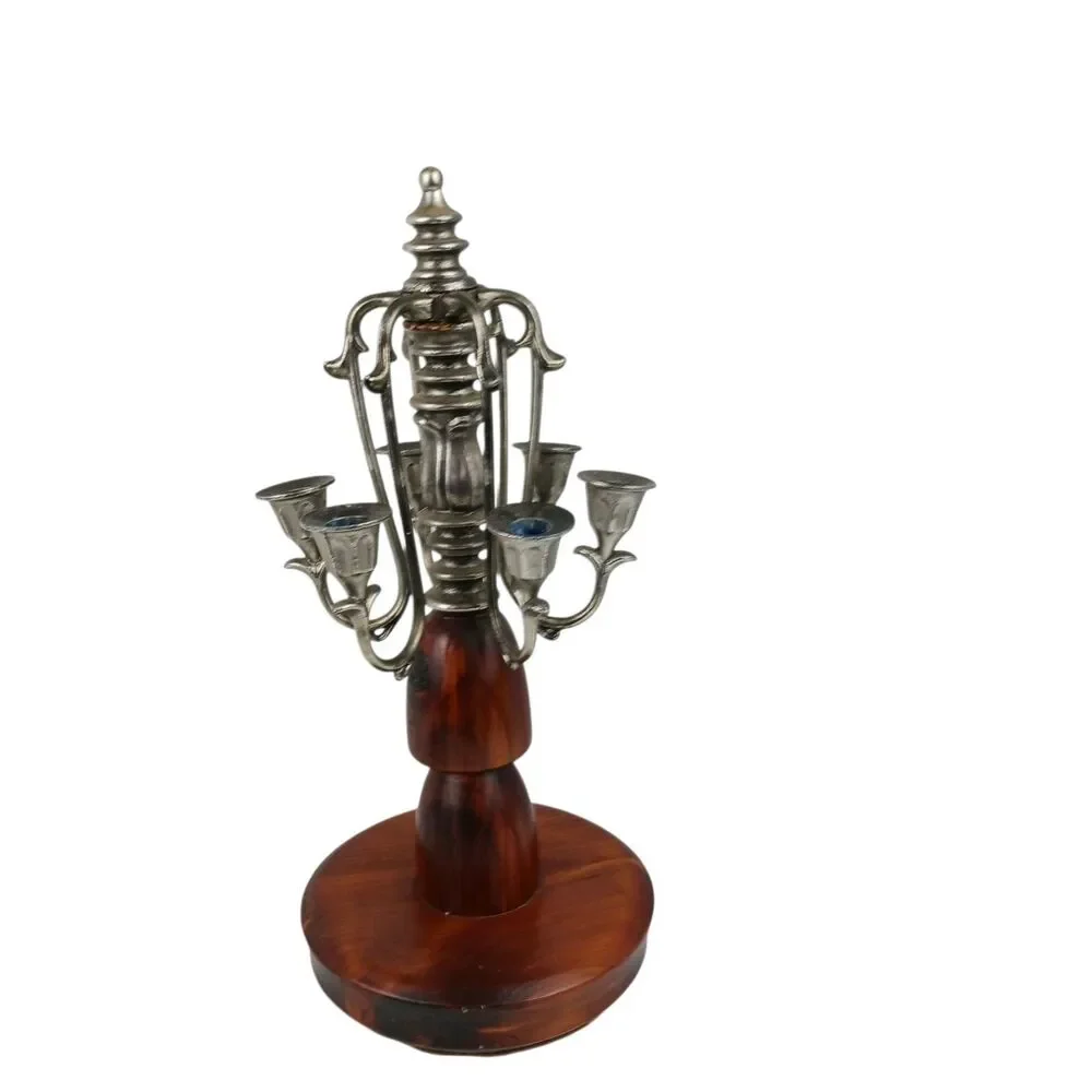 Vtg 6 Arm Wood and Silver Plated Table Candelabra Danish Modern MCM